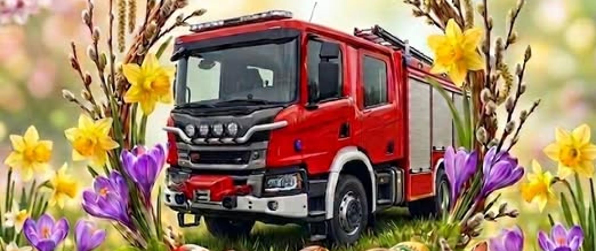 Czerwony samochód strażacki marki Scania stoi na zielonej trawie, otoczony kolorową, wiosenną ramką z żółtych żonkili, fioletowych krokusów oraz bazi (wierzbowych kotków). Na dole kadru widoczne są fragmenty wielkanocnych pisanek. Całość ma radosny, świąteczny charakter.