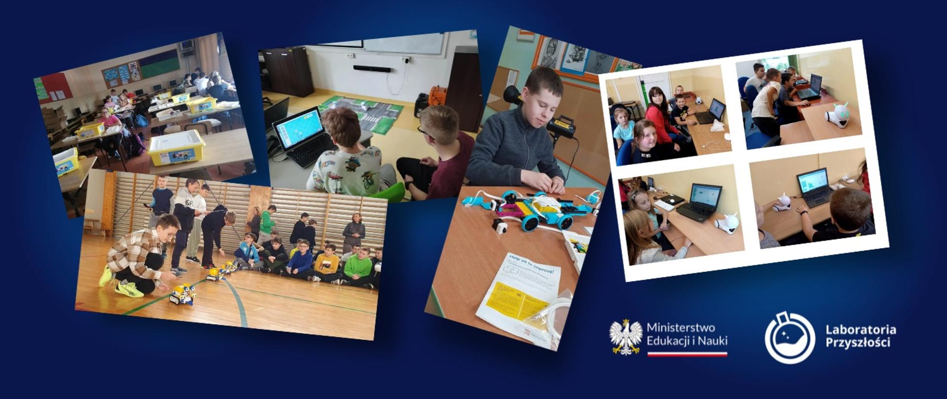Grafika - na granatowym tle kilka zdjęć pokazujących dzieci zajęte budowaniem małych robotów i napis Laboratoria przyszłości.