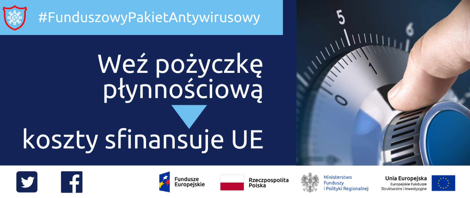 Funduszowy Pakiet Antykryzysowy: Weź pożyczkę płynnościową, koszty sfinansuje UE. Na dole ikonki Facebooka oraz Twittera, logotypy Funduszy Europejskich i Ministerstwa Funduszy i Polityki Regionalnej, flaga Polski.