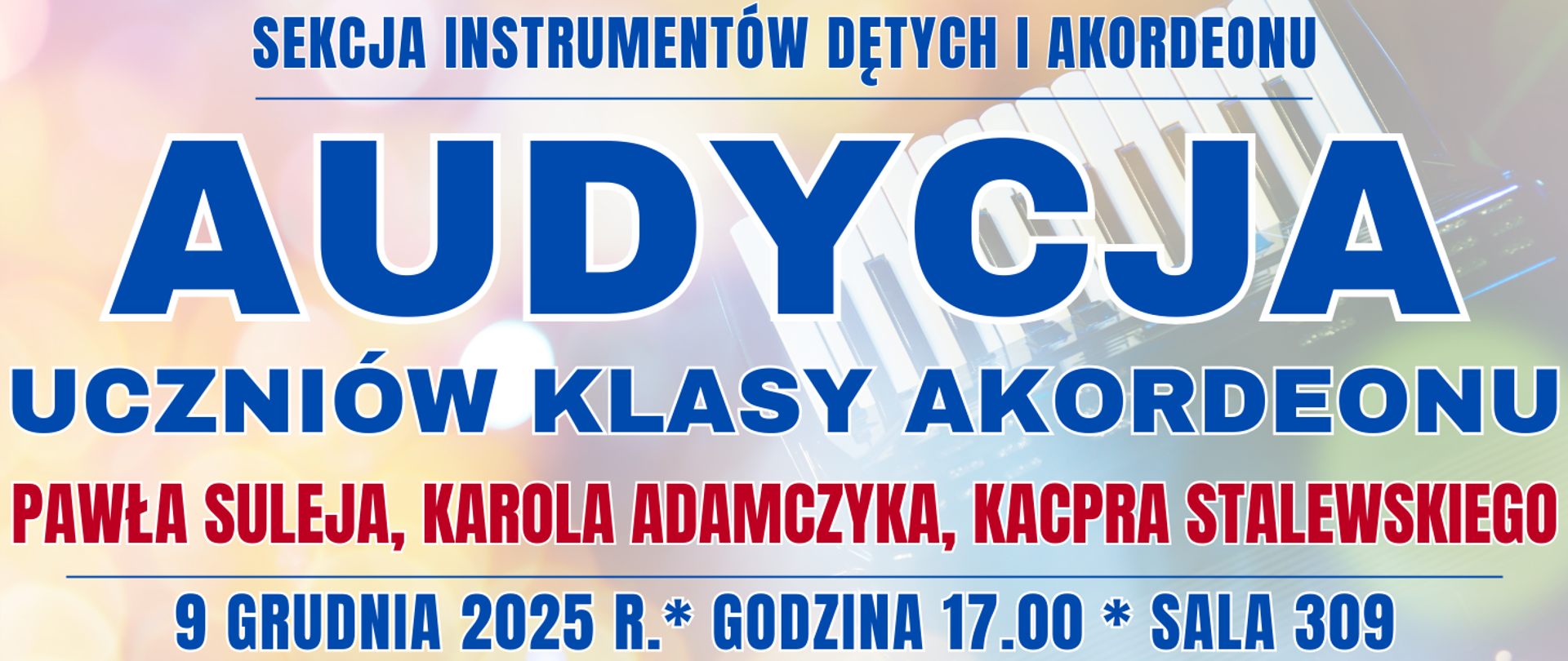 baner tło kolorowe z półprzezroczystym akordeonem oraz informacja o wydarzeniu