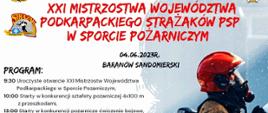 Plakat XXI Mistrzostw Województwa Podkarpackiego Strażaków Państwowej Straży Pożarnej w Sporcie Pożarniczym, które odbędą się dnia 4 czerwca 2023 roku, o godz. 9.30 na Stadionie Lekkoatletycznym ul. Mickiewicza 6 A w Baranowie Sandomierskim.
Program:
9.30 - oficjalne otwarcie Mistrzostw
10.00 - starty w konkurencji sztafeta pożarnicza 4x100 m z przeszkodami
13.00 - starty w konkurencji ćwiczenie bojowe
16.00 - ogłoszenie wyników, wręczenie pucharów i nagród oraz oficjalne zakończenie Mistrzostw
