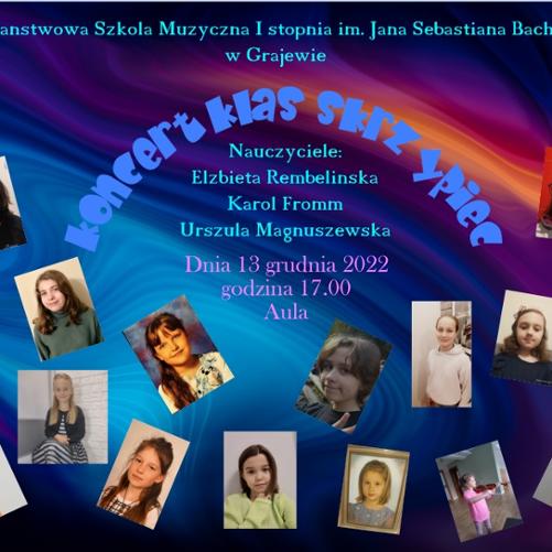 Plakat z informacją o audycji klas skrzypiec pani Elżbiety Rembelińskiej oraz pana Karola Fromma. Na niebieskim tle zdjęcia wykonawców 