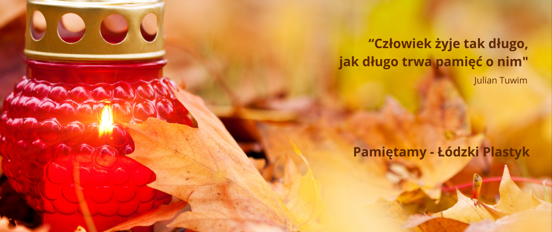 Wielobarwna grafika płonący znicz wśród jesiennych liści. Po prawej stronie tekst: Człowiek żyje tak długo, jak długo trwa pamięć o nim.. Julian Tuwim. Pamiętamy - Łódzki Plastyk