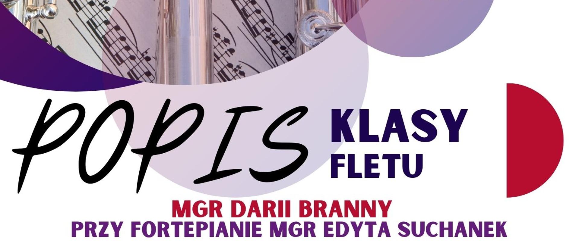 Plakat informacyjny dotyczący popisu klasy fletu mgr Darii Branny odbywającego się w dniu 12.05.2025 o godz. 17.00.