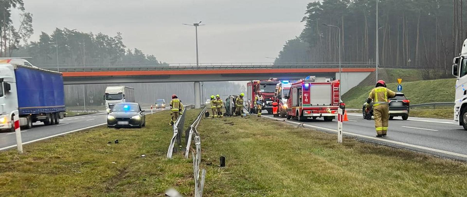 Widoczne miejsce zdarzenia oraz służby działające na miejscu.