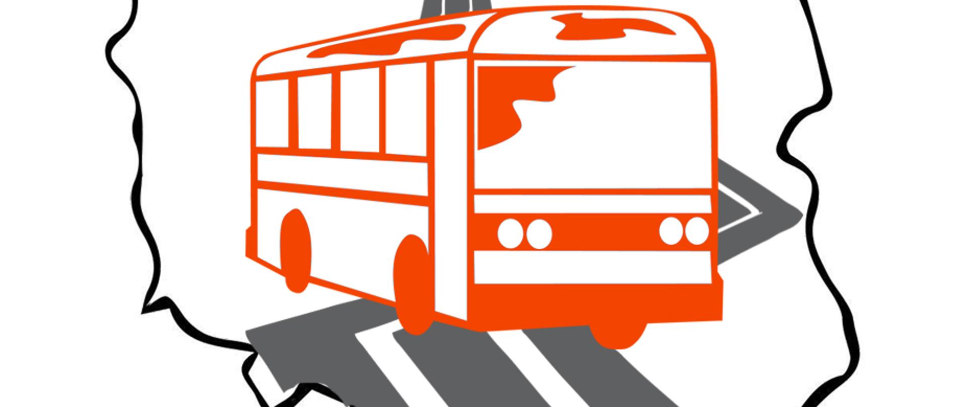 Grafika przedstawiająca kontur Polski. W środku zarys pomarańczowego autobusy, za nim zarys jezdni w kolorze szarym. 