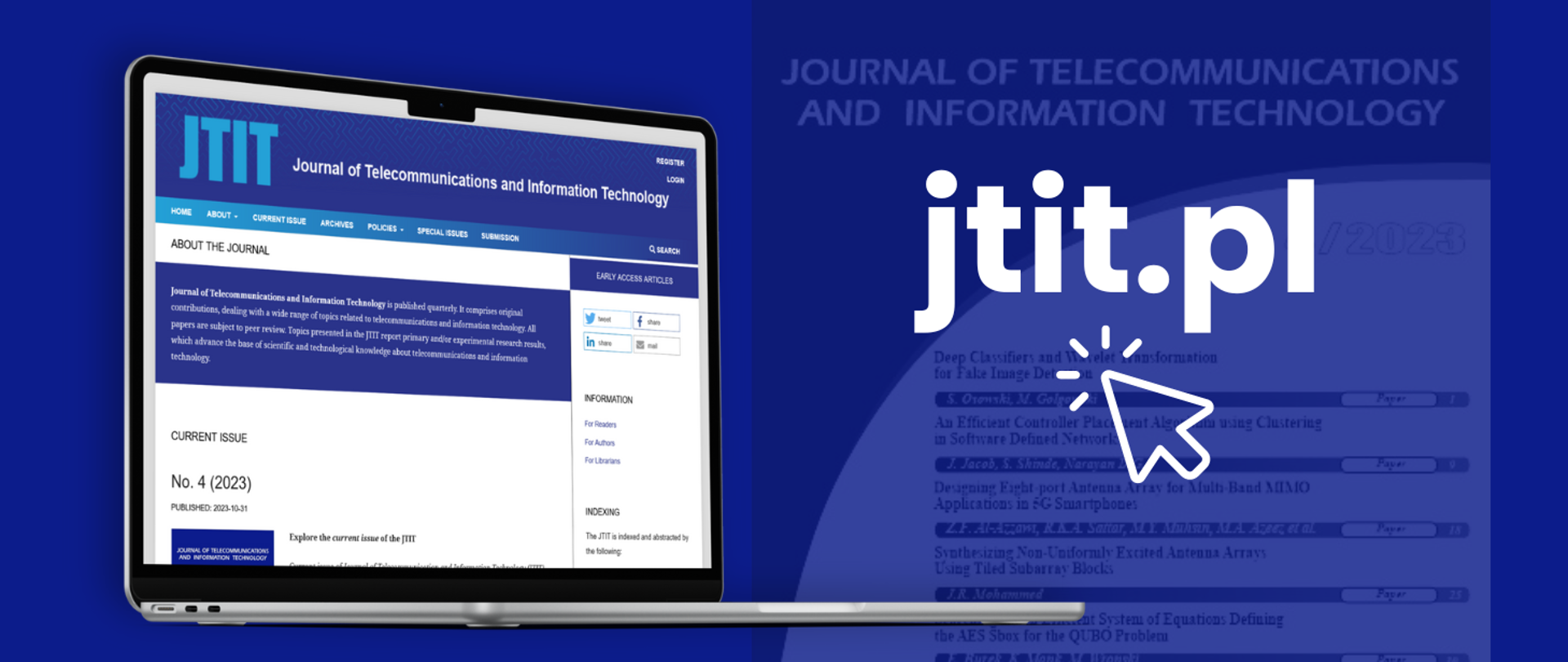 Laptop z wyświetloną na ekranie stroną kwartalnika JTIT, obok napis: jtit.pl i rysunek strzałki z efektem klikania.