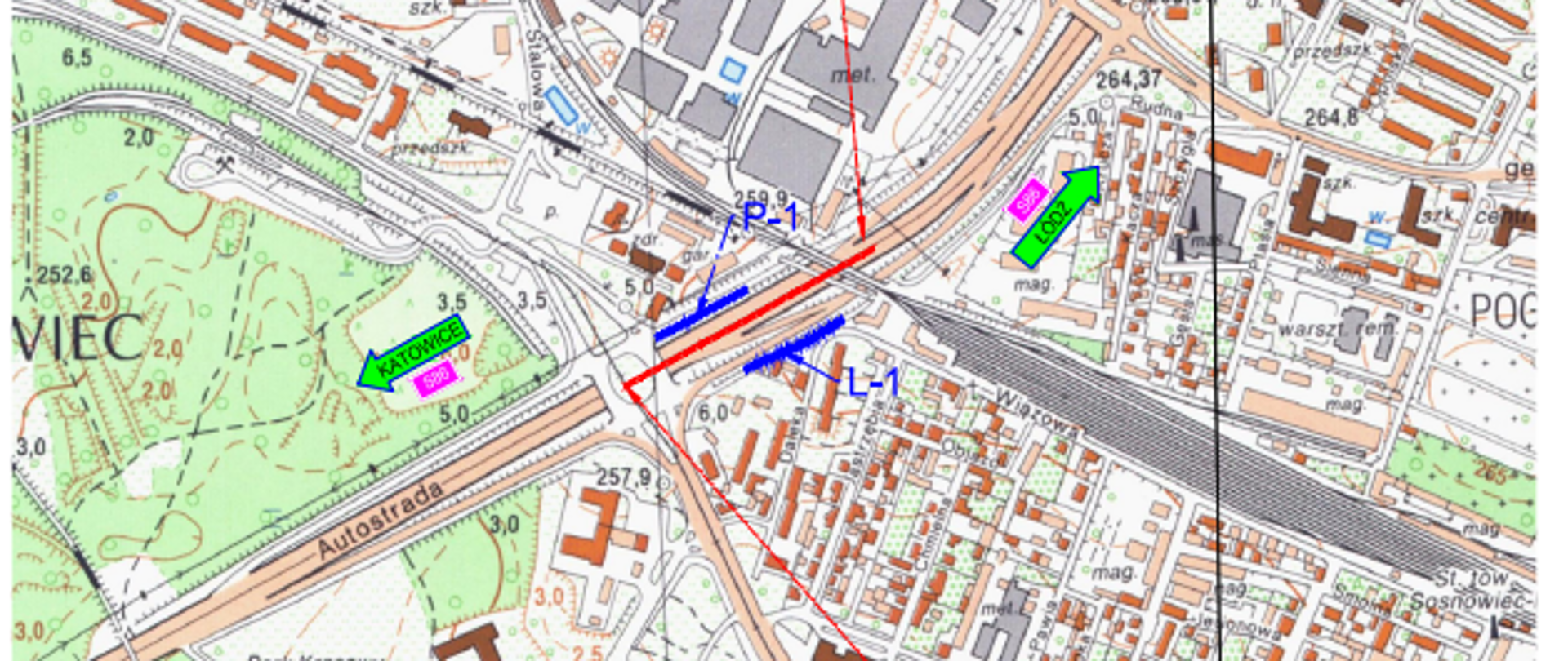 Mapa przedstawia obszar miasta z zaznaczonymi elementami infrastruktury oraz zakresem opracowania. Widoczne są ulice, budynki, tereny zielone oraz linie kolejowe. W centralnej części znajduje się obszar oznaczony jako „ZAKRES OPRACOWANIA 19+300” oraz „ZAKRES OPRACOWANIA 19+600”. Na mapie zaznaczono także lokalizację ekranu akustycznego oraz różne punkty i linie, takie jak L-1 i PB-1. Skala mapy wynosi 1:10 000, co pozwala na szczegółowe odwzorowanie terenu.