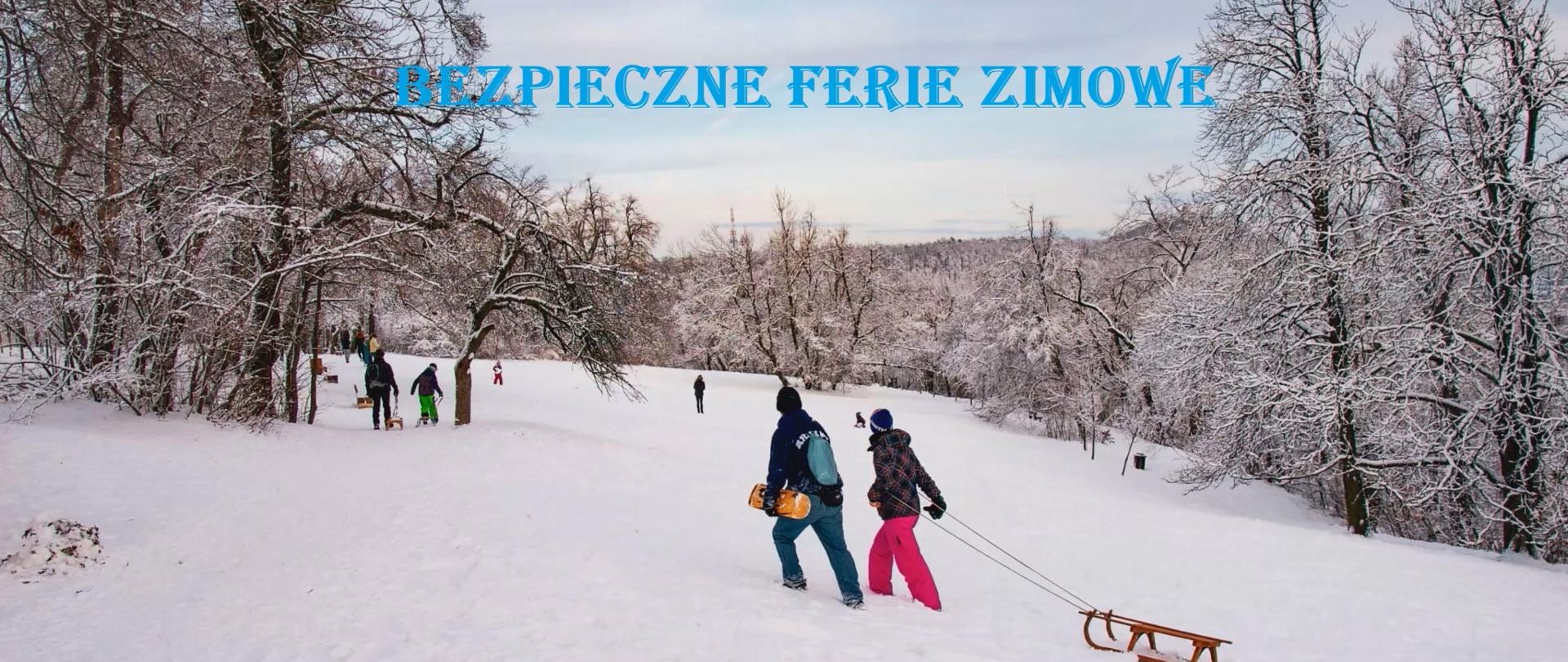 Na zdjęciu widoczny jest krajobraz zimowy (drzewa i śnieg)i osoby korzystające ze sportów zimowych. Na pierwszym planie dwie osoby wchodzące na górkę, jedna ciągnie sanki, druga niesie deskę snowboardową. Z góry widoczne sa osoby zjeżdżające na nartach, sankach.