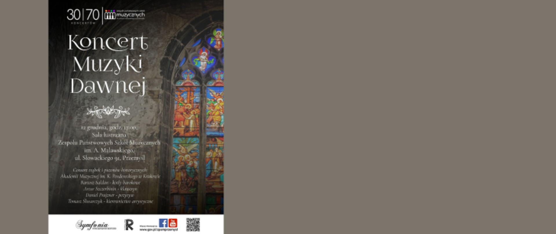 Grafika informacyjna o 30 z 70 koncertów jubileuszowych. Koncert muzyki dawnej 12 grudnia 2024