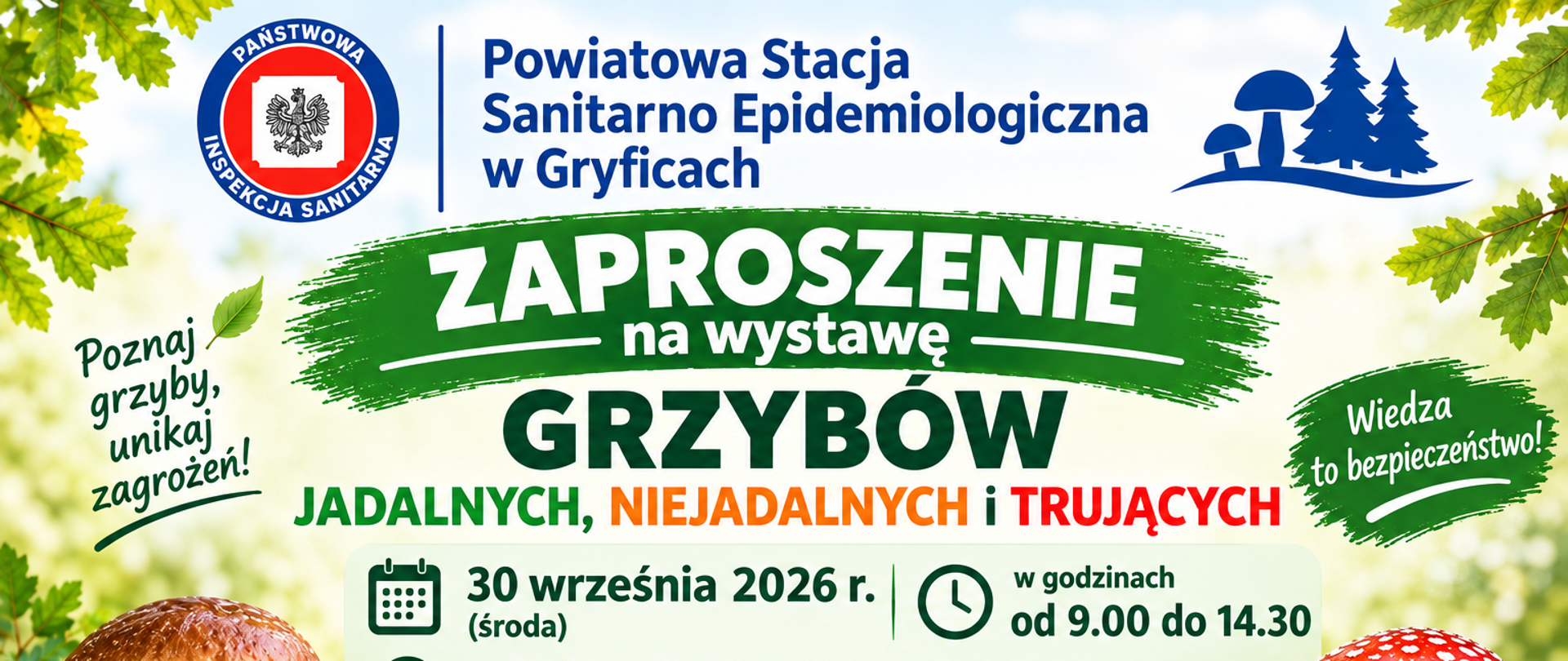 Zaproszenie na wystawę grzybów jadalnych, niejadalnych i trujących. Wydarzenie odbędzie się 30 września 2026 r. w godzinach 9.00-14.30 w Powiatowej Stacji Sanitarno-Epidemiologicznej w Gryficach przy ul. Nowy Świat 6.