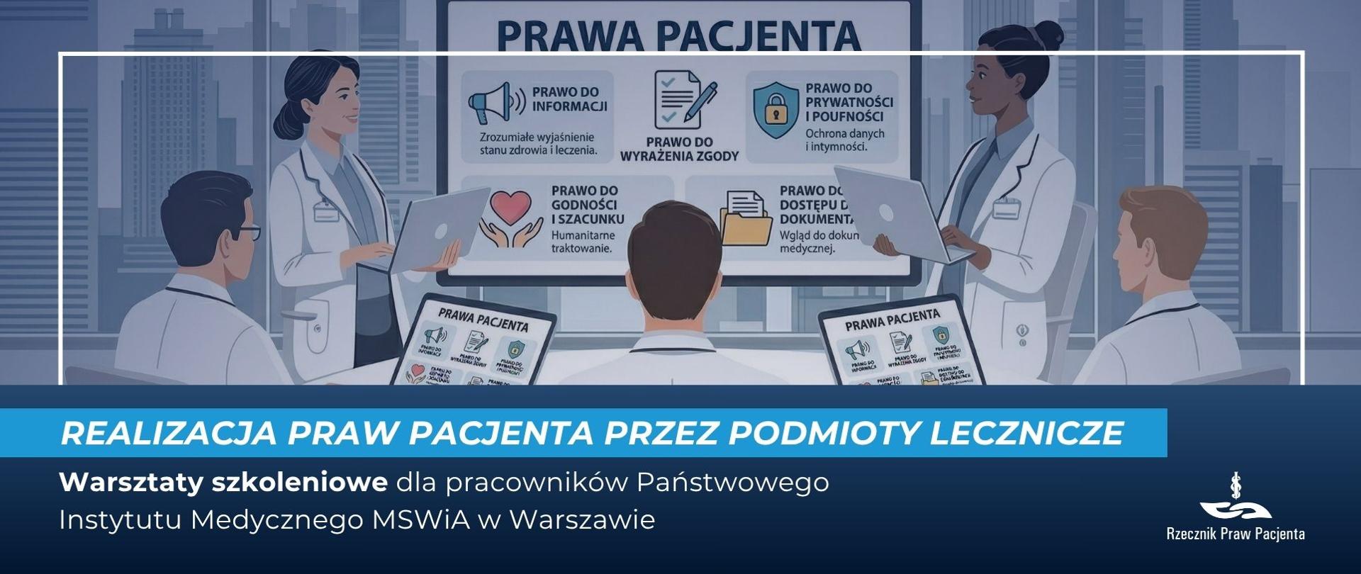 Personel medyczny w trakcie szkolenia, grafika w formie rysunku. 