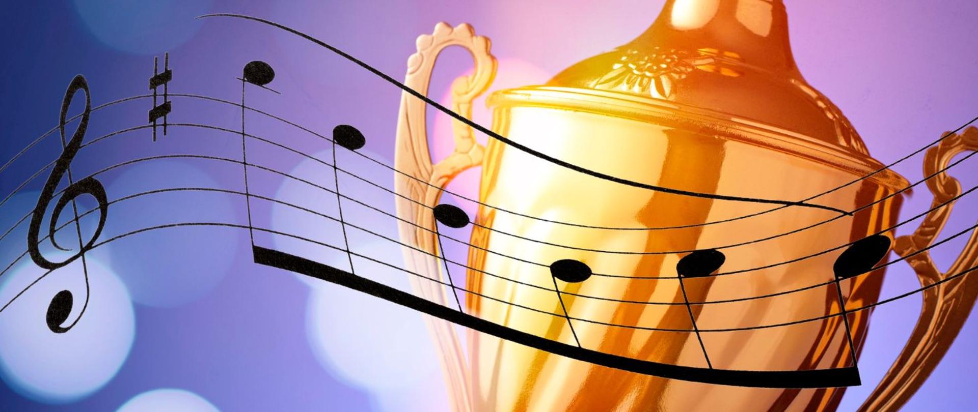 grafika - na kolorowym tle złoty puchar i pięciolinia z kluczem wiolinowym i nutami