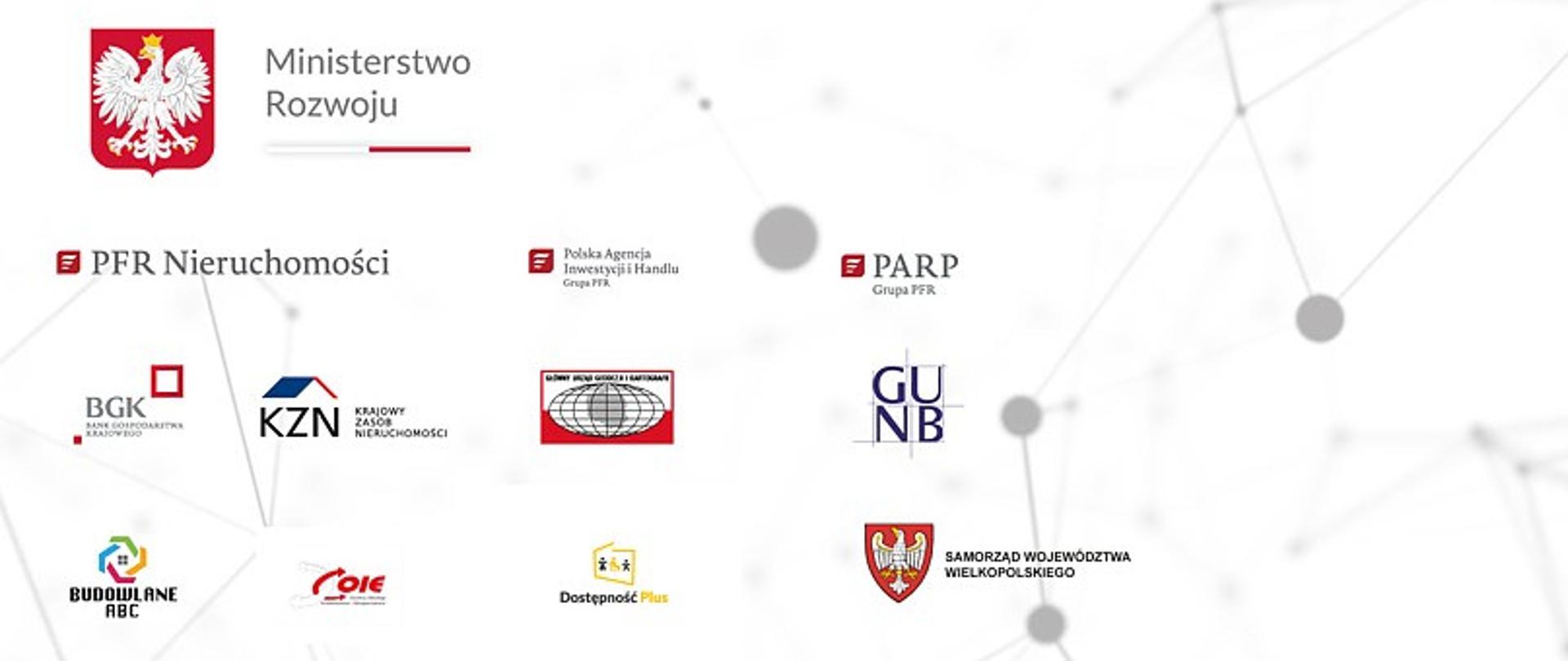 Slajd z logotypami instytucji współpracujących z Ministerstwem Rozwoju, m.in PFR, PARP, BGK, GUNB, KZN i samorządów. 