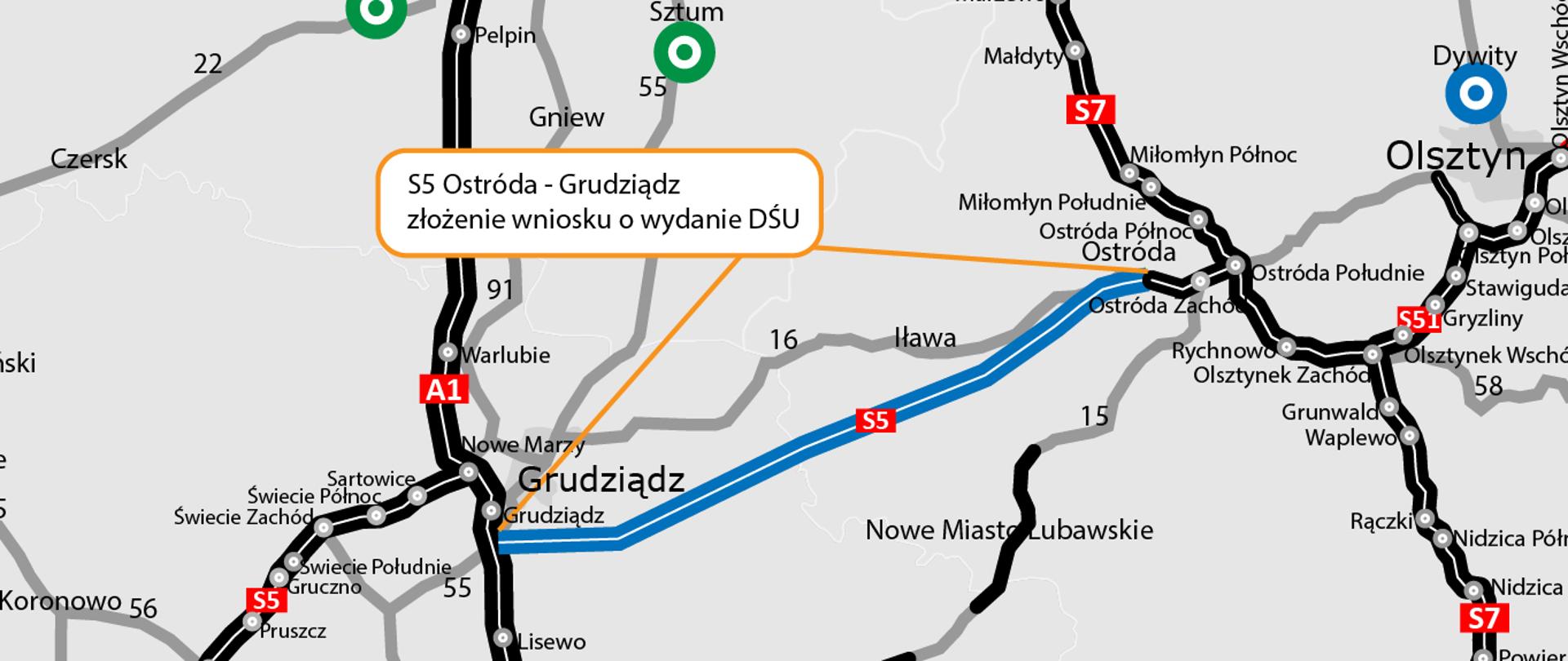 Mapa przedstawia sieć dróg krajowych i autostrad w północnej Polsce, w rejonie województw warmińsko-mazurskiego, kujawsko-pomorskiego i pomorskiego. Na mapie wyróżniono odcinek planowanej drogi ekspresowej S5 Ostróda – Grudziądz, oznaczony kolorem niebieskim, z adnotacją „złożenie wniosku o wydanie DŚU” (Decyzji o Środowiskowych Uwarunkowaniach). Widać główne miasta: Gdańsk, Elbląg, Olsztyn, Grudziądz, Toruń, Bydgoszcz. Drogi istniejące oznaczone są czarnym kolorem, w realizacji – czerwonym, w przetargu – zielonym, a w przygotowaniu – niebieskim. Na mapie znajdują się także oznaczenia innych tras, m.in. A1, S7, S52, S16, oraz punkty węzłów drogowych.