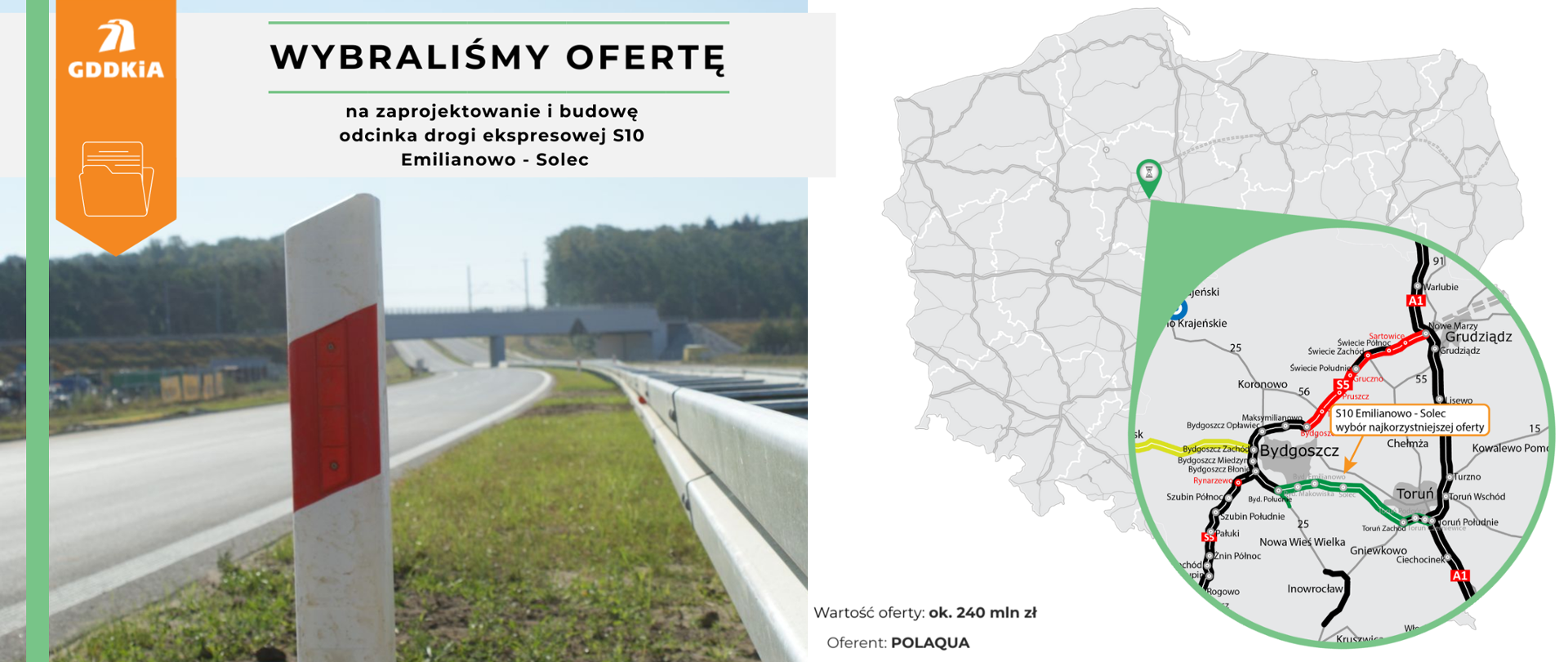 Infografika prezentująca wybór oferty na projekt i budowę odcinka drogi S10. Po lewej stronie zdjęcie drogi ze słupkiem pikietażowym. Po prawej mapa z zaznaczoną lokalizacją inwestycji.