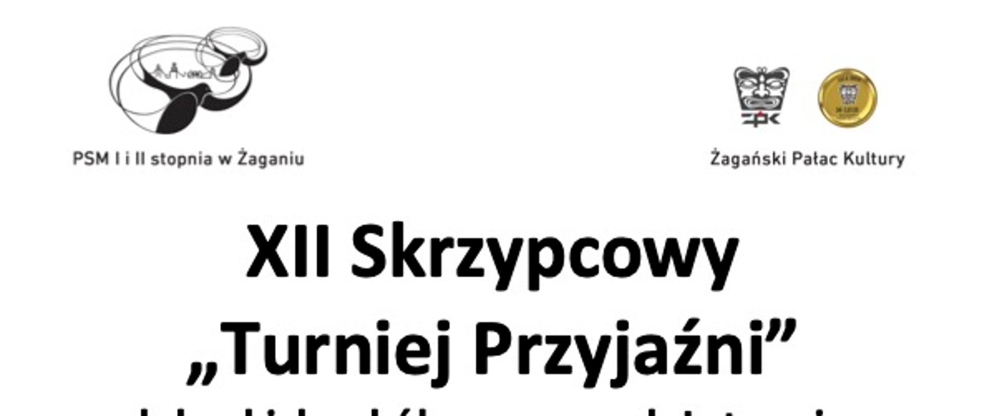 Na białym tle, w lewym górnym rogu logotym PSM I i II stopnia w Żaganiu, po prawej stronie logo Żagańskiego Pałacu Kultury , poniżej grafika budynku dawnego szpitala św, Doroty, obecnie siedziby PSM I i II stopnia w Żaganiu. Po prawej stronie grafika skrzypiec, a na dole logotypy organizacji wspierających Turniej. 