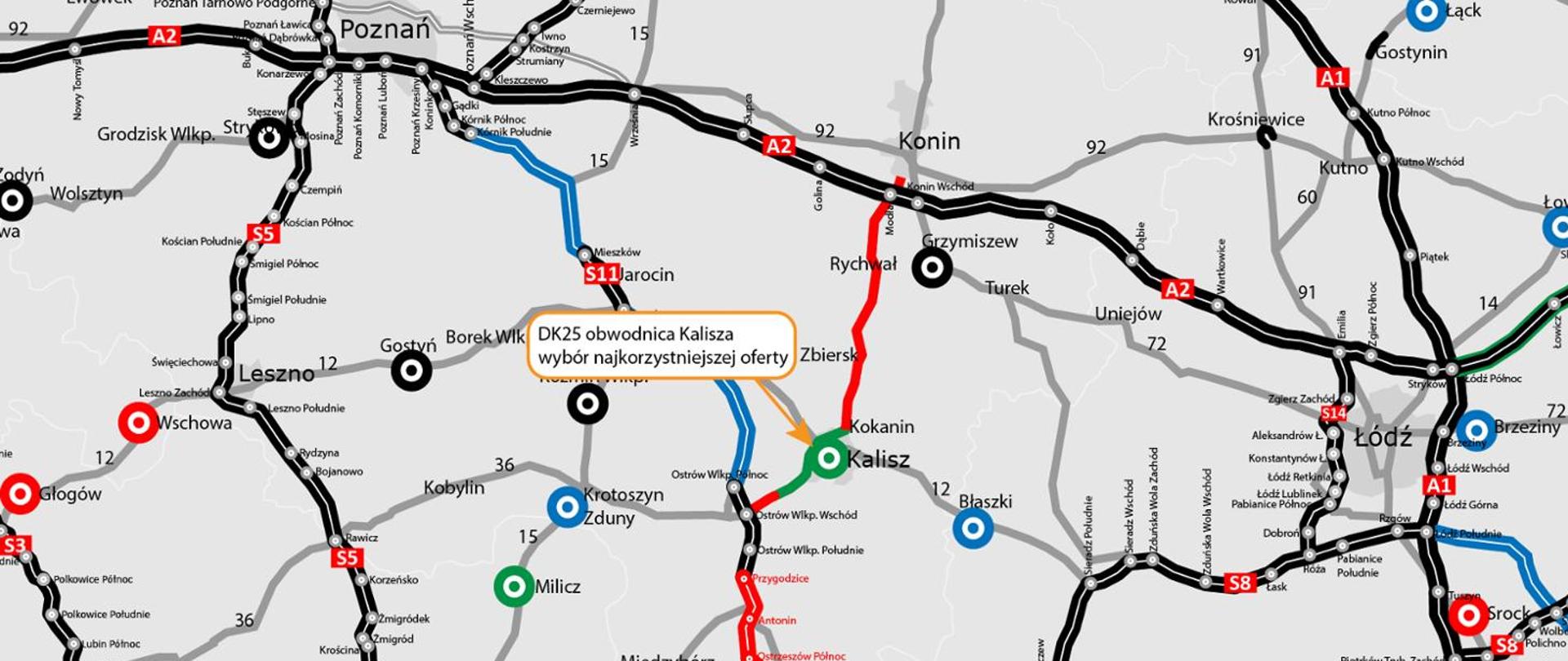mapa poglądowa z zaznaczonym odcinkiem przyszłej obwodnicy Kalisza
