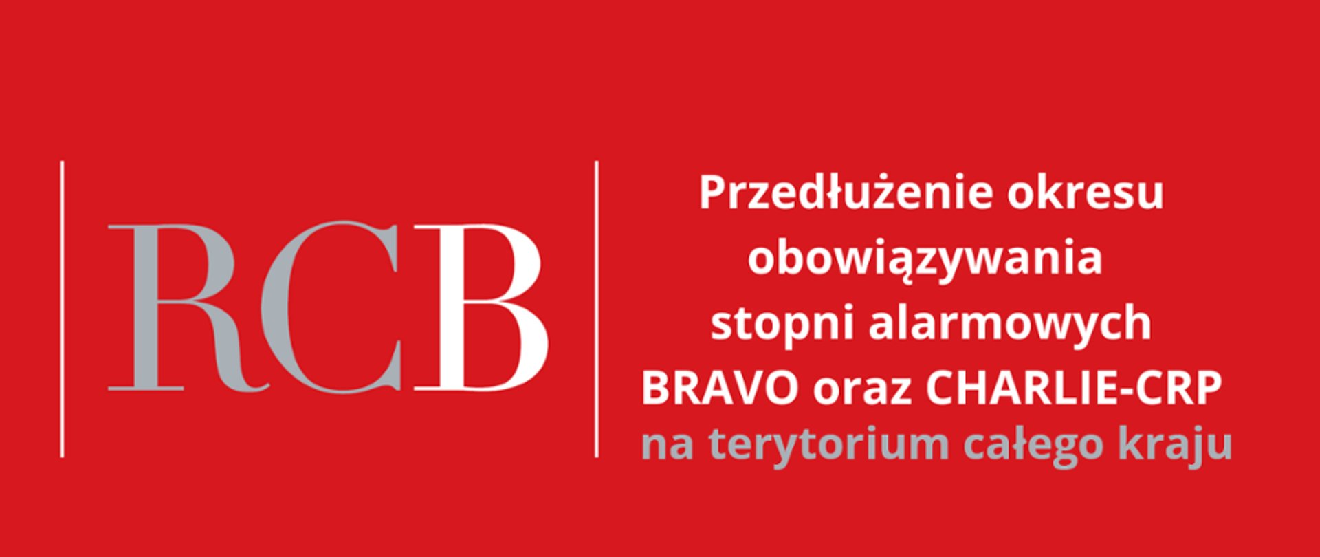 Grafika, na czerwonym tekst przeważająco w kolorze białym, informujący o przedłużeniu okresu obowiązywania stopni alarmowych BRAVO oraz CHARLIE-CRP na terytorium całego kraju.