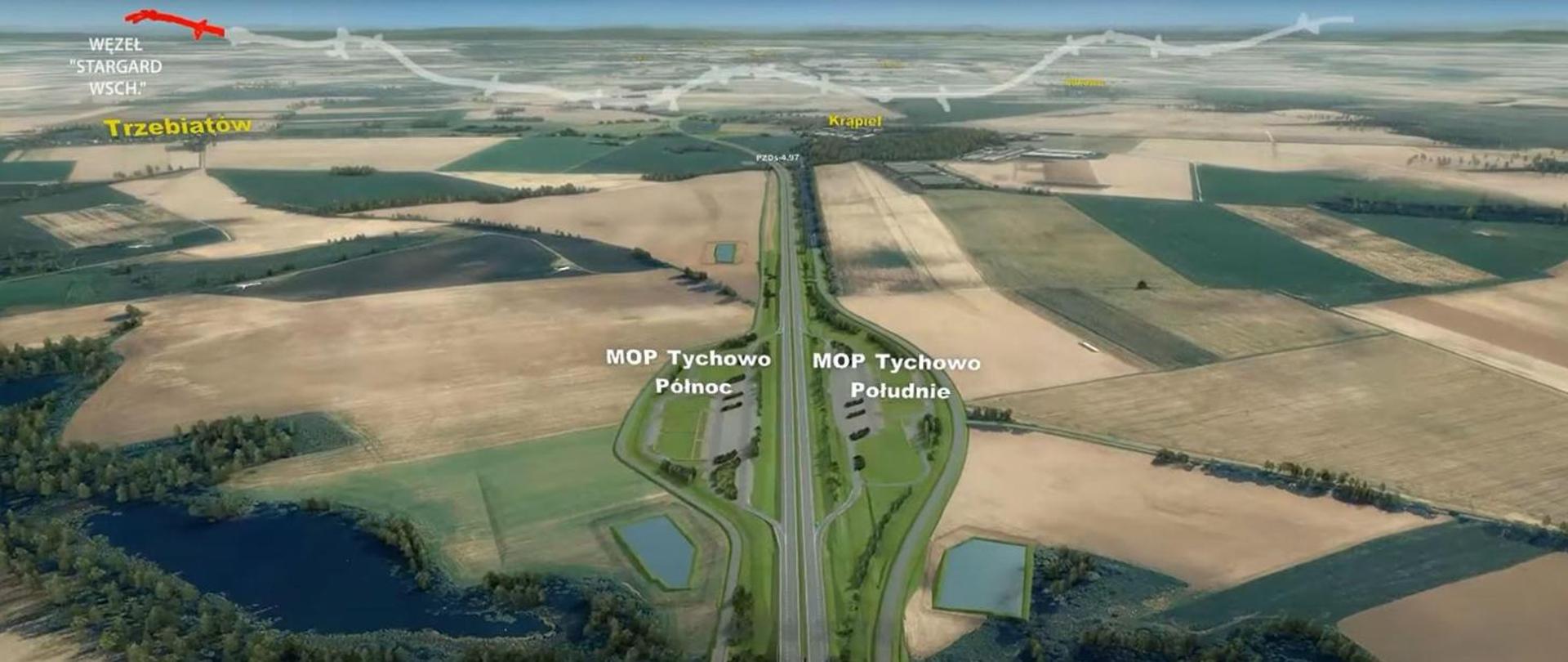 fragment wizualizacji trasy, pokazujący parę MOP Tychowo Północ i Południe