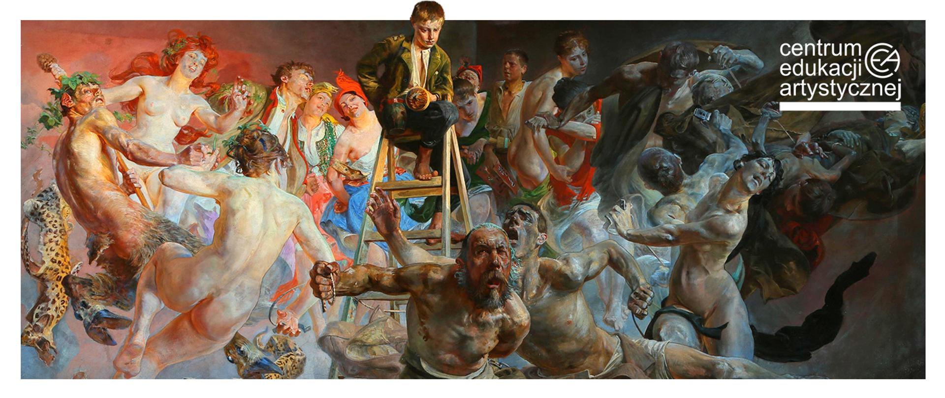 fragment obrazu Jacka Malczewskiego "Błędne Koło" na nim dynamiczna kompozycja postaci otaczających drabinę na której siedzi chłopiec. W prawym górnym rogu logotyp Centrum Edukacji Artystycznej