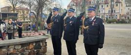 Komendant powiatowy Państwowej Straży Pożarnej w Ustrzykach Dolnych
mł. bryg. Emil Szmyd, zastępca komendanta powiatowego bryg. Przemysław Kruk oraz st. kpt. Marcin Szyjduk - zastępca dowódcy JRG, oddają hołd pod pomnikiem Żołnierza Polskiego.