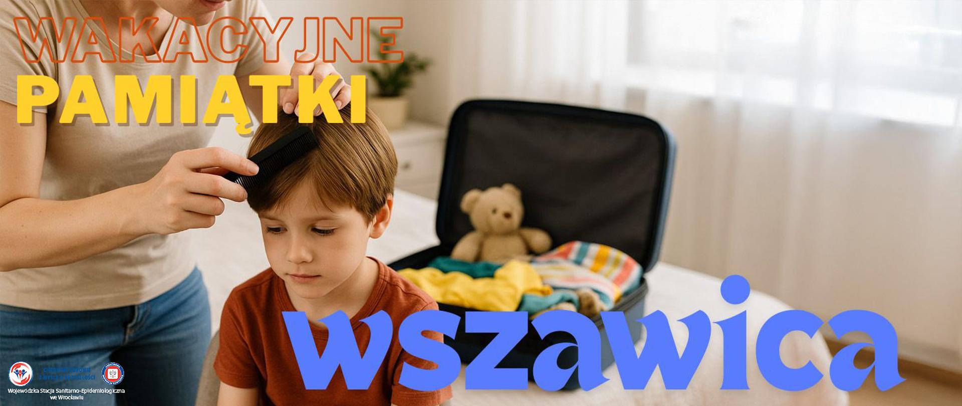 Chłopiec siedzący na brzegu łóżka czesany przez kobietę