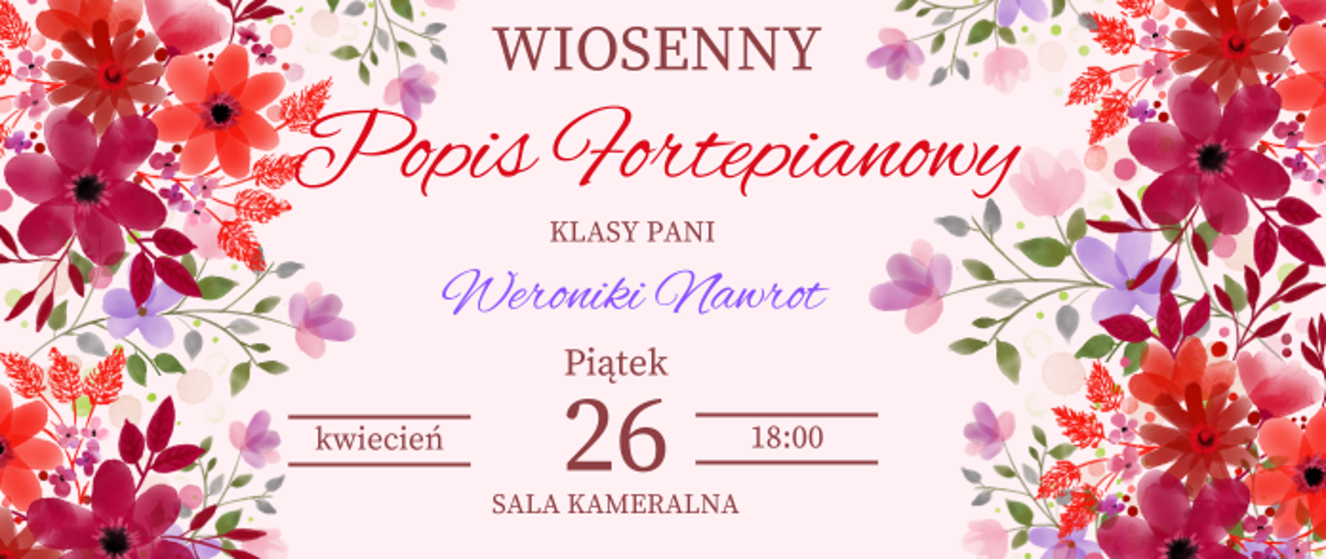 kolorowe napisy na różowym tle. Po bokach kolorowe kwiaty