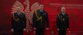 Zdjęcie przedstawia trzech oficerów Państwowej Straży Pożarnej stojących w rzędzie na baczność. Wszyscy mają na sobie ciemnogranatowe mundury wyjściowe z białą koszulą, ciemnym krawatem oraz złotymi sznurami galowymi przypiętymi do prawego ramienia. Mężczyźni stoją na czerwonym pasie wykładziny na tle dużej, czerwonej ścianki promocyjnej. Po lewej stronie tła widoczne jest duże białe godło Polski (orzeł w koronie), a po prawej stronie napis „PAŃSTWOWA STRAŻ POŻARNA”.