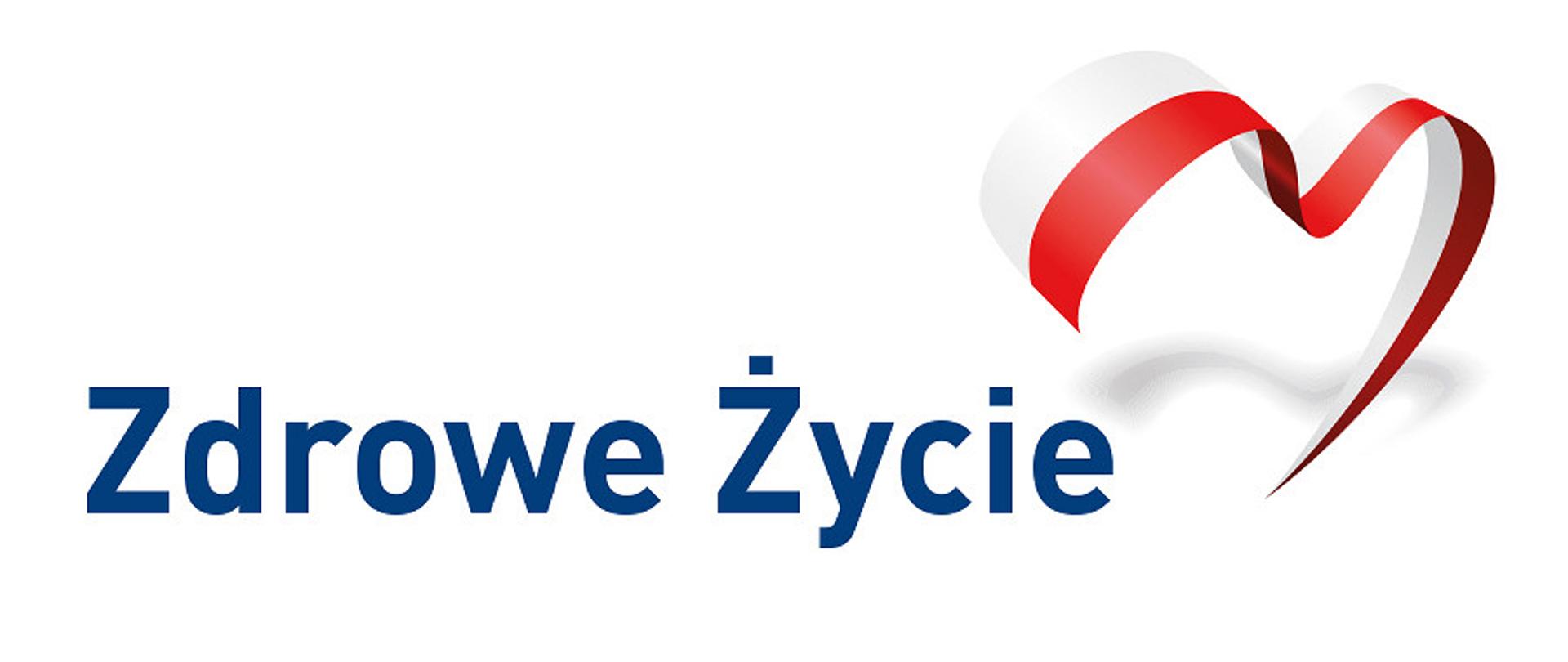 Na białym tle napis: "Zdrowe życie". Napis w centrum baneru, kolor czcionki granatowy. Po prawej stronie ze wstązki w kolorach flagi polski narysowane niedomknięte serce.