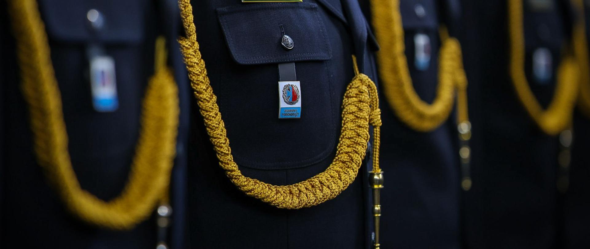 Szereg funkcjonariuszy PSP w galowych mundurach; na pierwszy plan wysuwa się kieszeń z odznaką oraz złoty sznur galowy. Widoczne imienne identyfikatory i dekoracyjne elementy umundurowania.