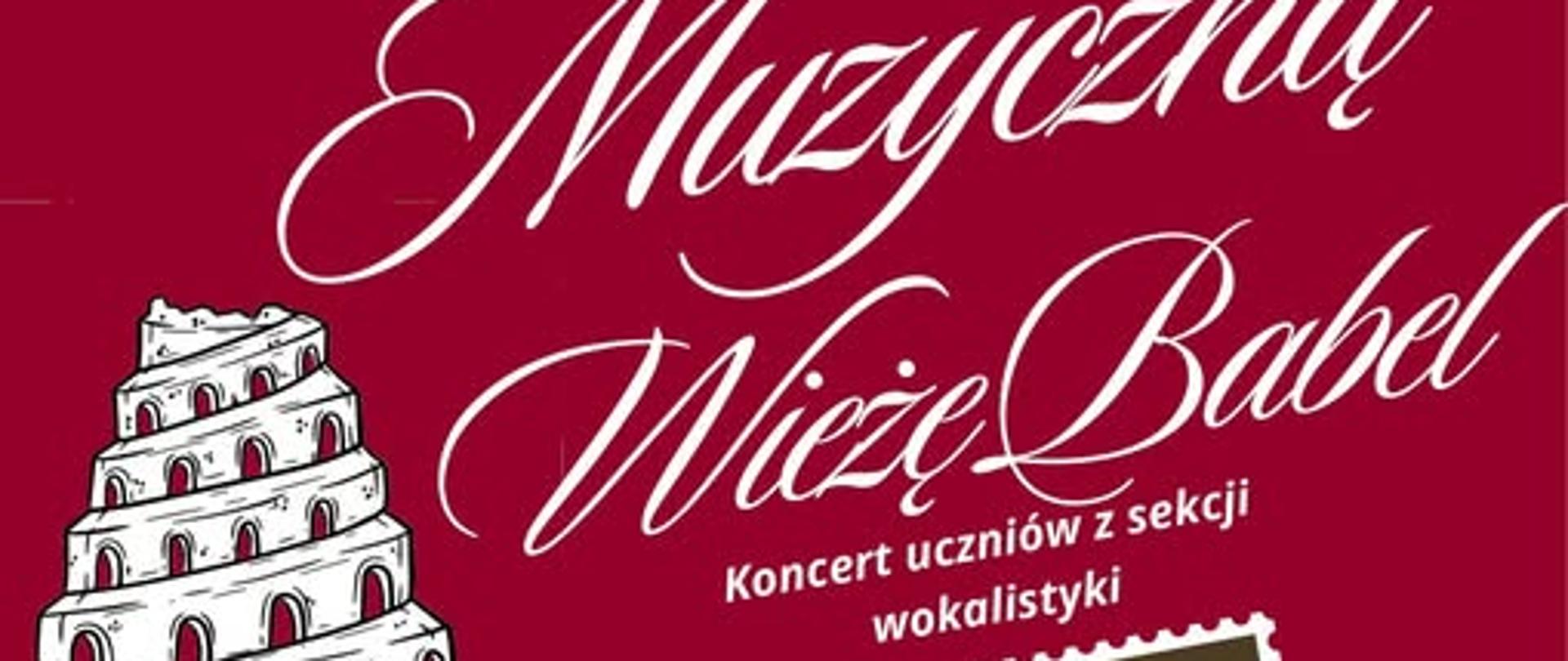Plakat koncertu wokalnego „Muzyczna Wieża Babel”, organizowanego przez Szkołę Muzyczną im. M. Karłowicza w Katowicach. Wydarzenie odbędzie się 27 kwietnia 2026 r. o godz. 17:30 w Muzeum Historii Katowic.