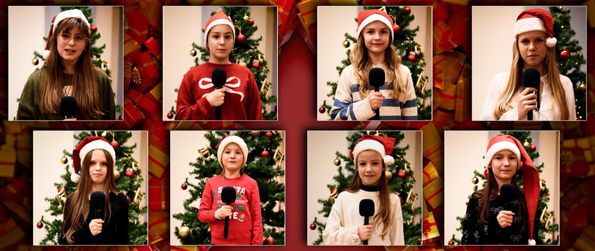 Collage ośmiu zdjęć dziewczynek ubranych w czapki Mikołaja, wszystkie trzymają w rękach mikrofon.