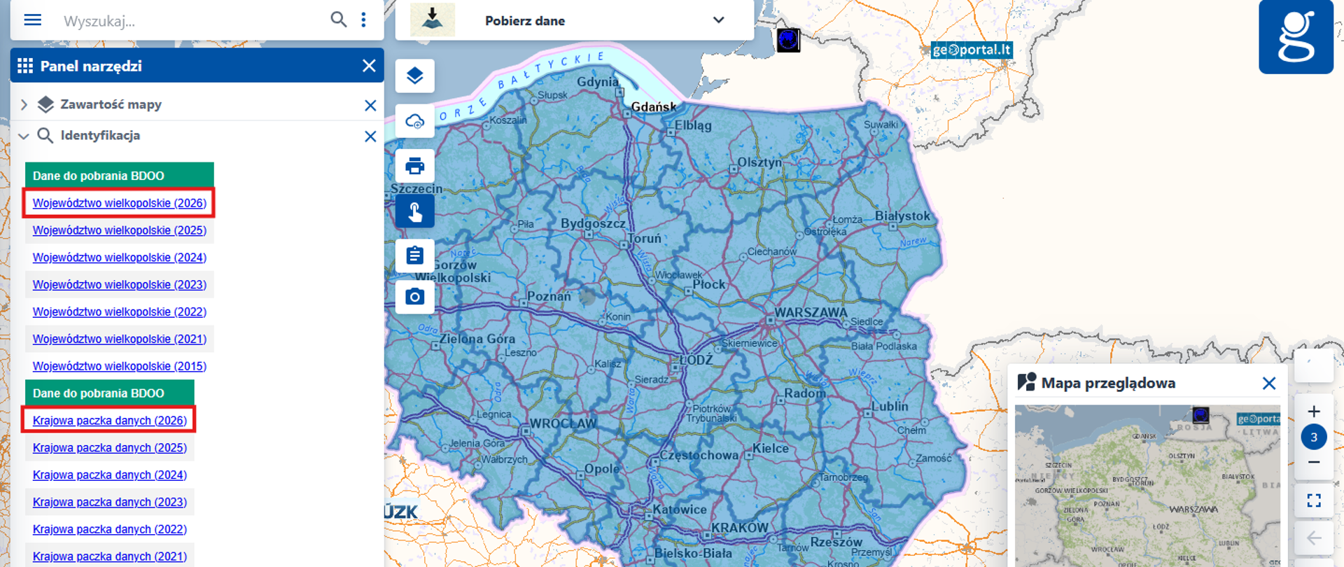 ilustracja przedstawia zrzut z serwisu www.geoportal.gov.pl prezentujący sposób pobierania danych BDOO w nowym modelu GML