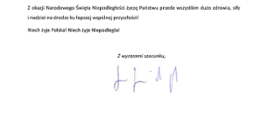 Z okazji zbliżającego się Narodowego Święta Niepodległości przekazujemy list z życzeniami dla naszych Rodaków w Niemczech i w innych krajach świata Sekretarza Stanu w Ministerstwie Spraw Zagranicznych RP min. Szymona Szynkowskiego vel Sęka.