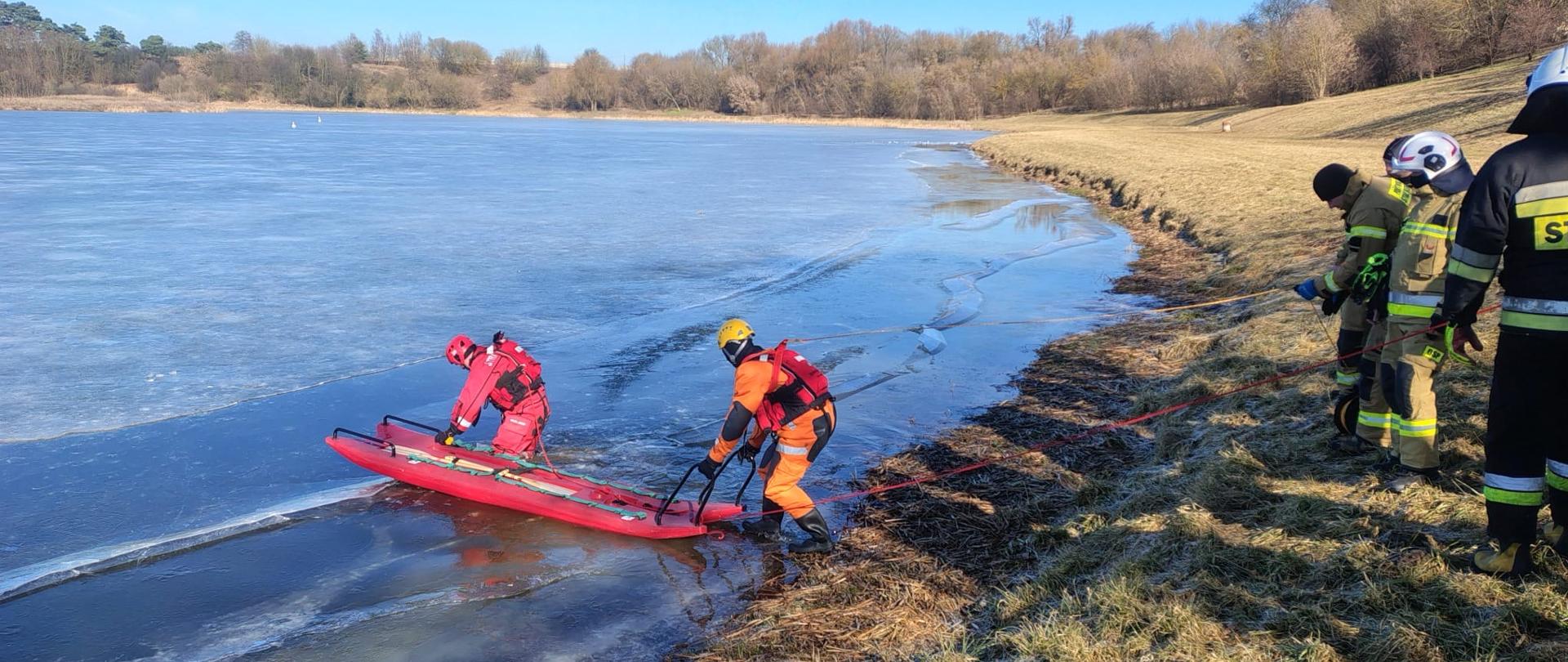 dwaj strażacy wchodzą do wody z czerwonymi saniami lodowymi. Do strażaków przyczepione są liny które trzymaja strażacy stojący na brzegu