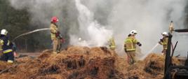 Strażacy gaszący pożar stodoły, duże zadymienie
