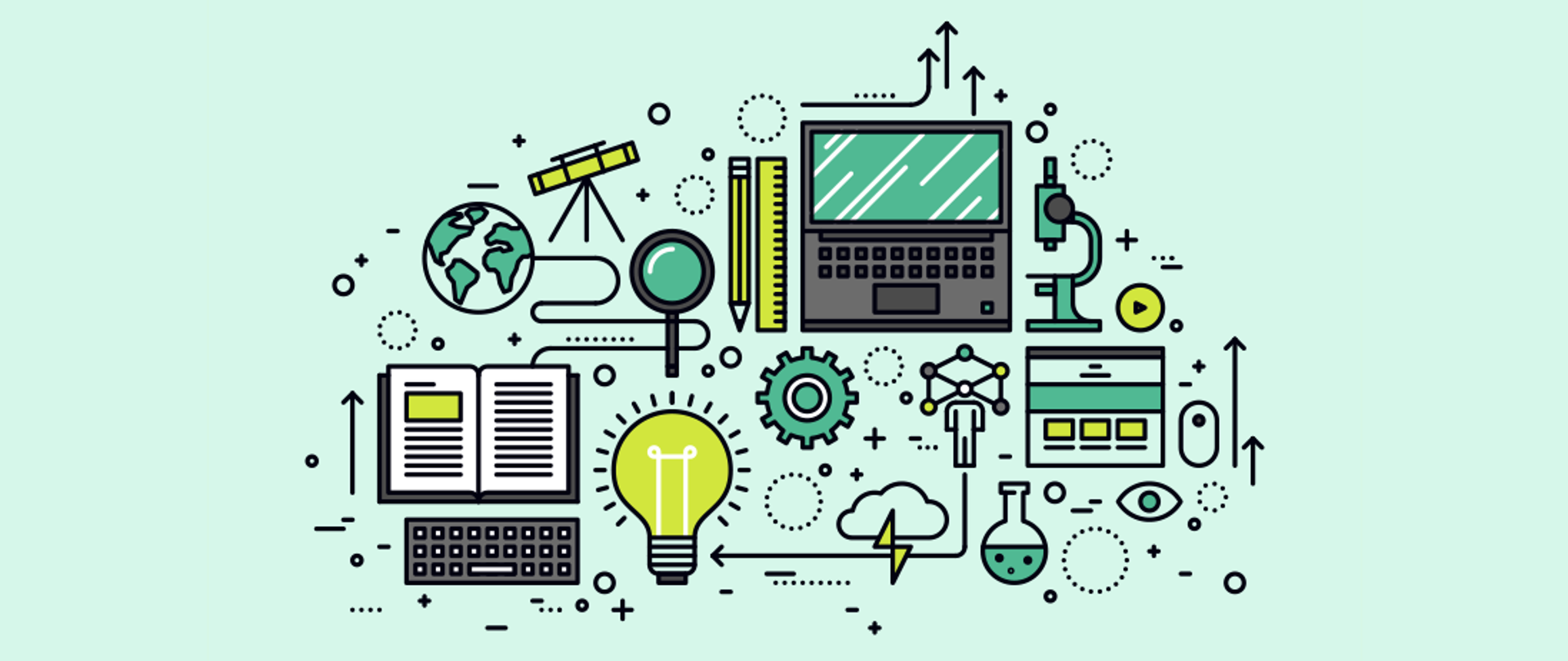 Baner przedstawiający narzędzia badawcze - teleskop, lupę, notes, klawiaturę, żarówkę, koła zębate, fiolki i mikroskop