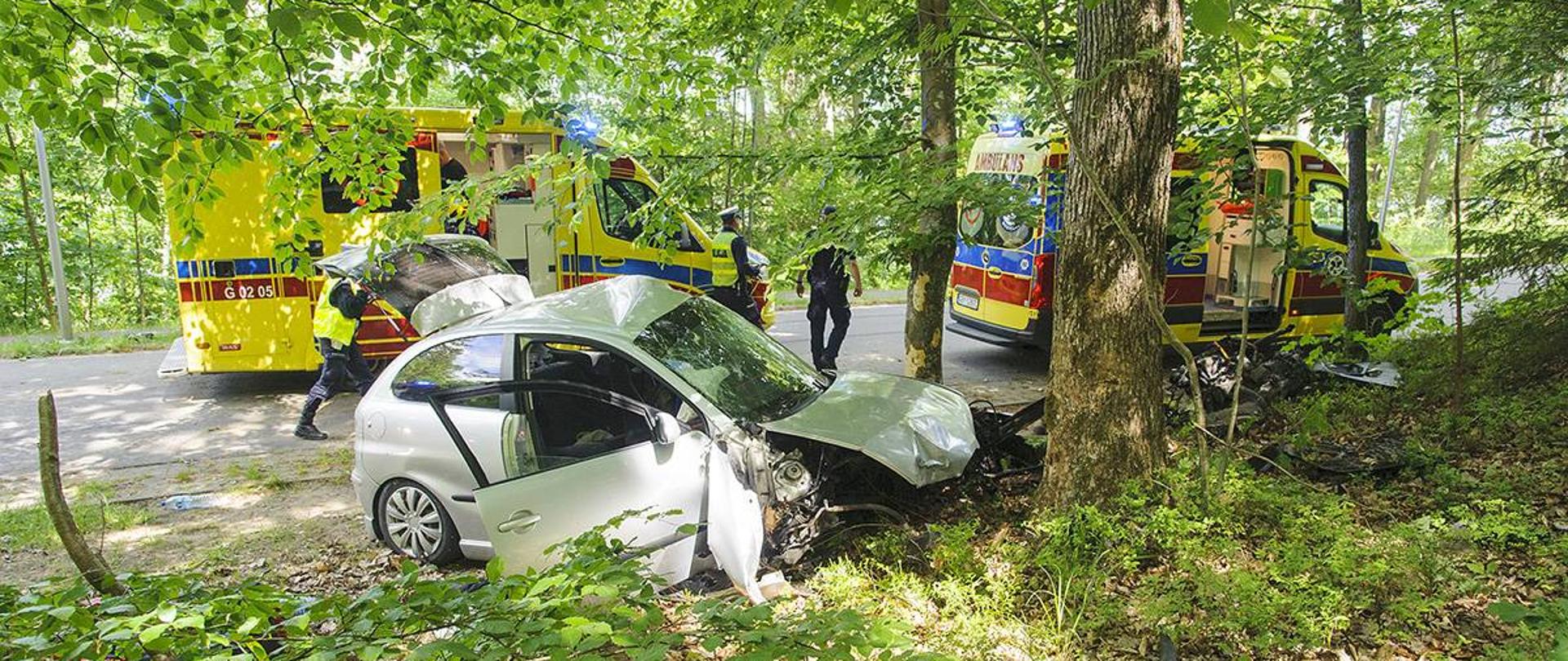 Na zdjęciu widać rozbity samochód osobowy koloru szarego który uderzył w drzewo. W oddali widać dwa samochodu Zespołów Ratownictwa Medycznego oraz pracujących na miejscu Policjantów.