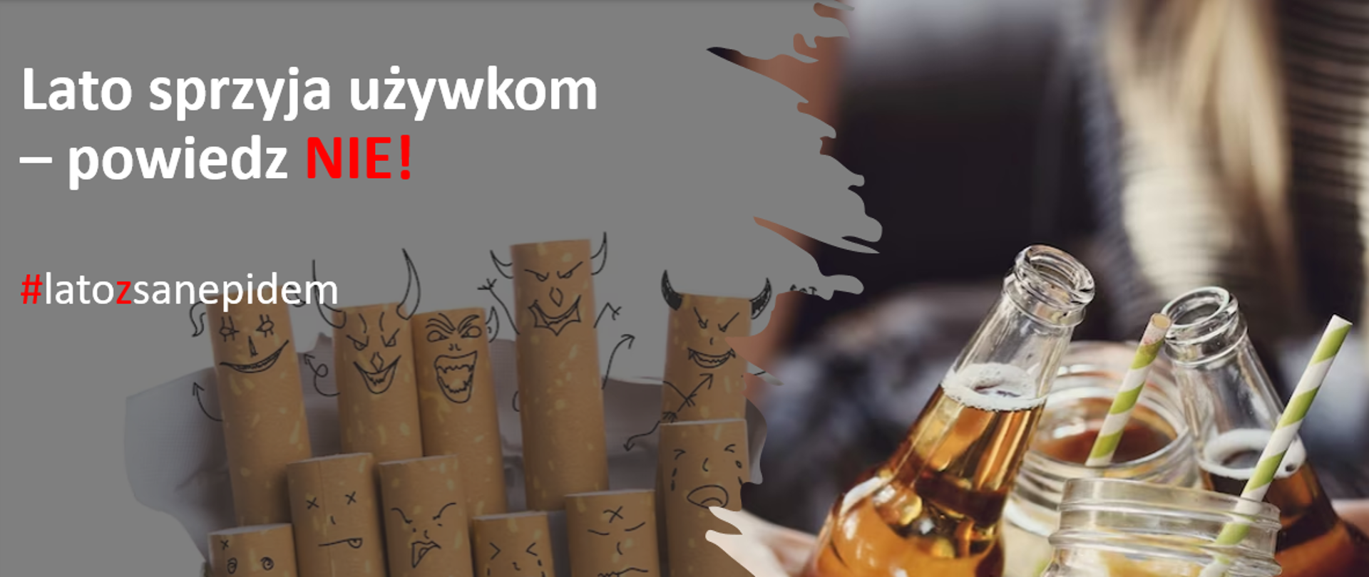 grafika zawiera zdjęcie paczki papierosów, butelek z piwem oraz szklanek z napojami