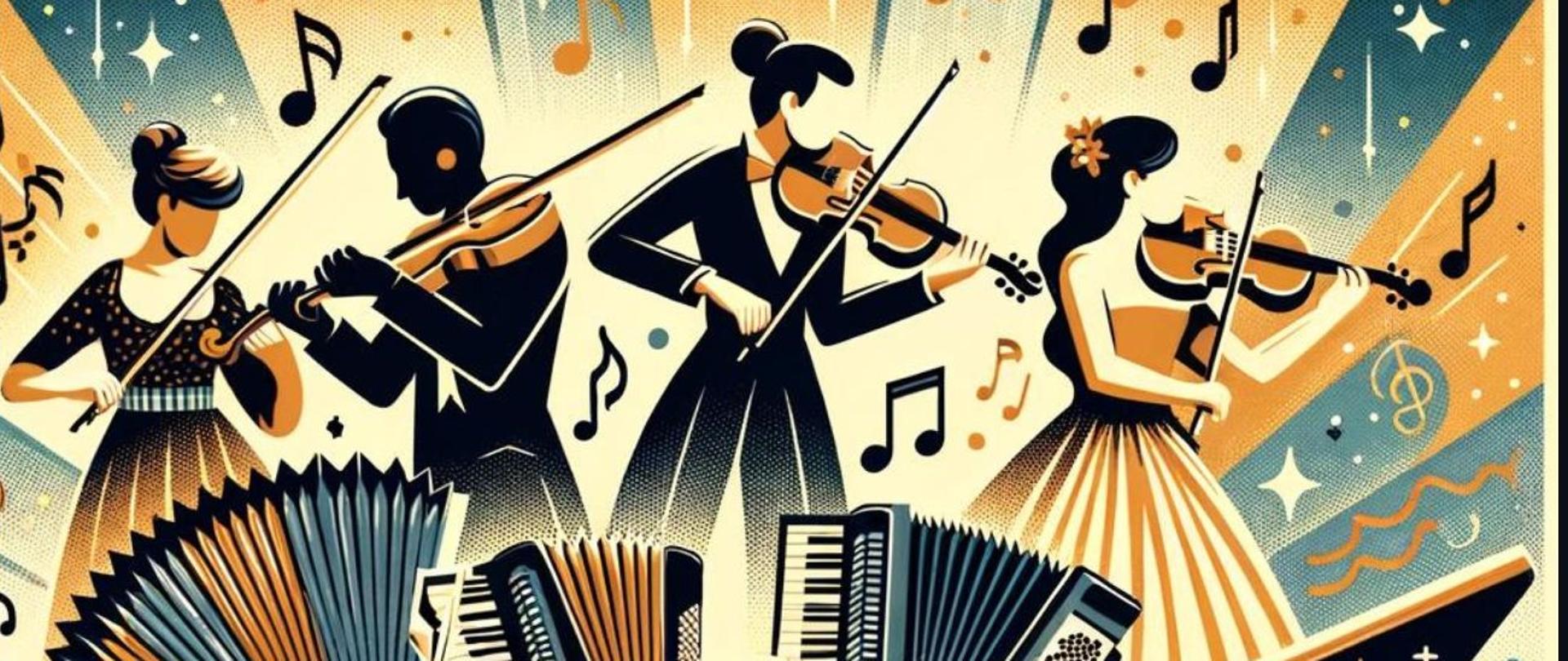 Czarne tło, namalowani muzycy, informacje dotyczące koncertu pedagogów 25 marca o godz. 16.00 w ZSM