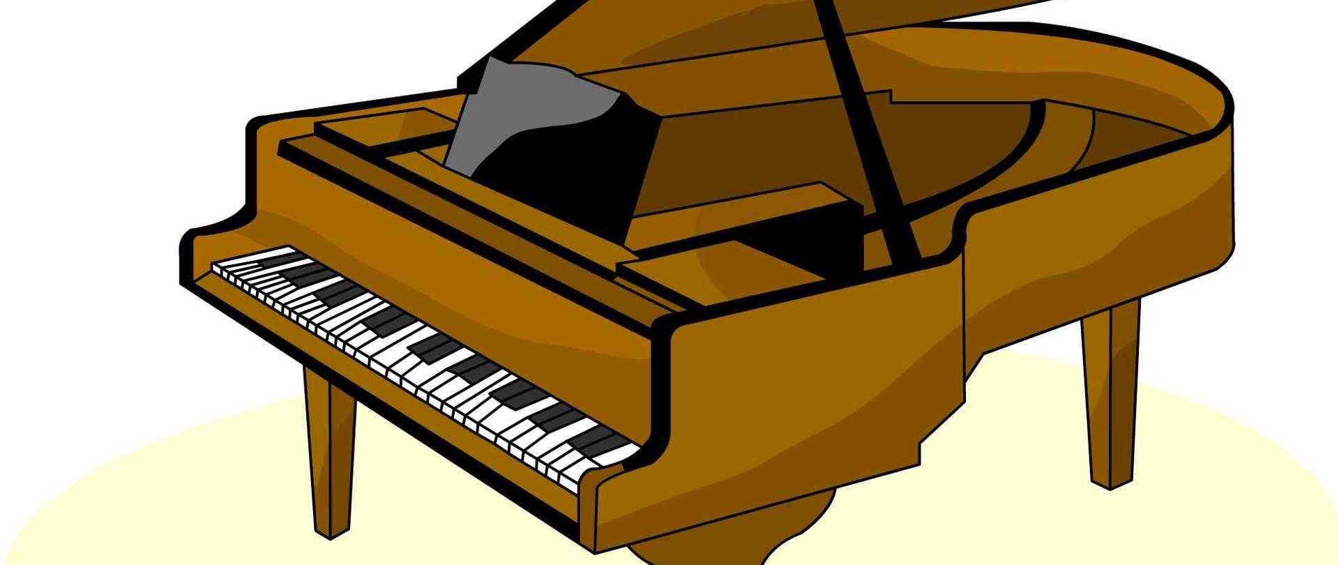 Na środku zdjęcia znajduje się brązowy fortepian z otwartą klapą