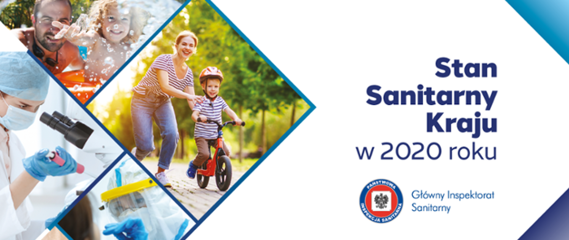 Po prawej stronie napis: Stan sanitarny kraju w 2020 roku, poniżej logo Państwowej Inspekcji Sanitarnej. Z lewej strony 4 fragmenty zdjęć: kobieta w laboratorium, pracownik medyczny pobierający wymaz od pacjenta, mama z dzieckiem jadącym na rowerze 