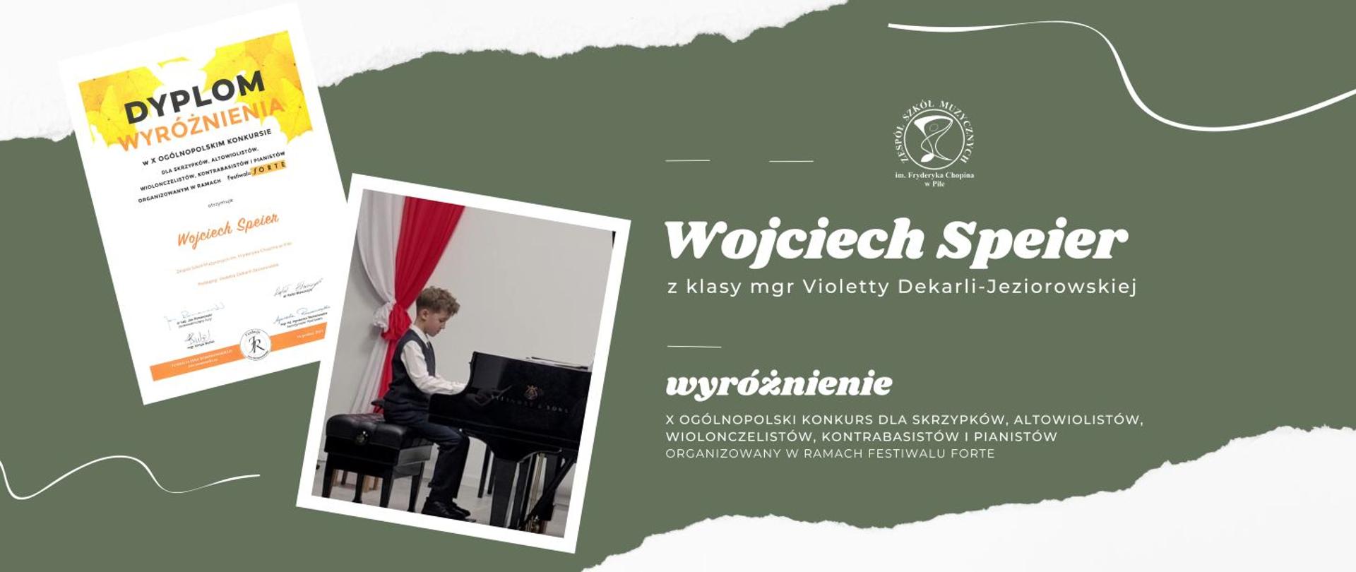 Na zielonym pasku napisy. Po lewej stronie dwa zdjęcia dyplomu i chłopiec w krótkich kręconych ciemnych włosach siedzący przy fortepianie. Za nim na ścianie biało-czerwona flaga.