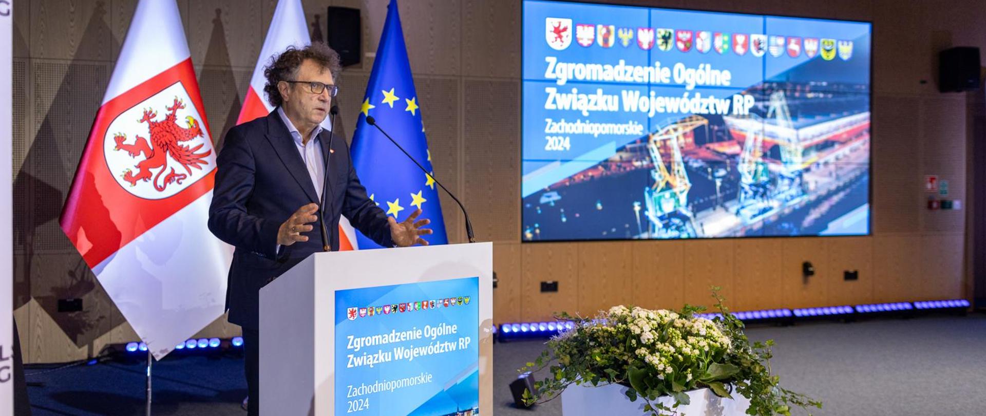 Wiceminister Jacek Karnowski stoi z lewej strony przy pulpicie i mówi do mikrofonu.