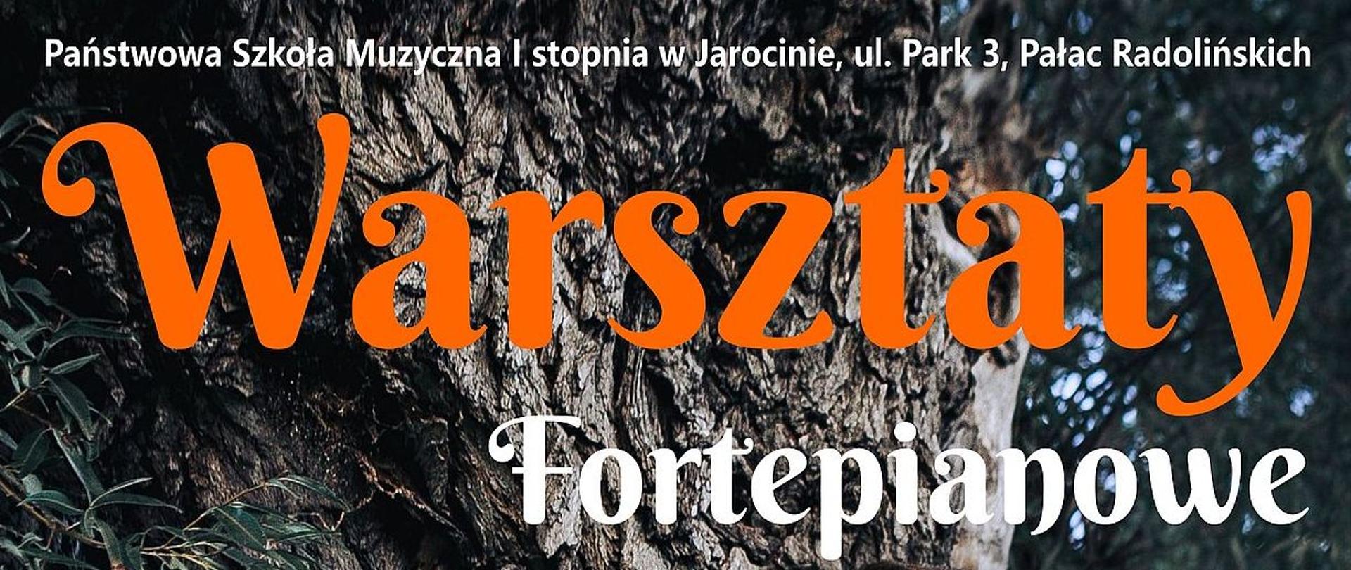 Plakat informujący o warsztatach z dr Przemysławem Witkiem. Na zdjęciu wykładowca stoi pośród zielonych drzew. Dookoła informacje dotyczące warsztatów białą i pomarańczową czcionką.