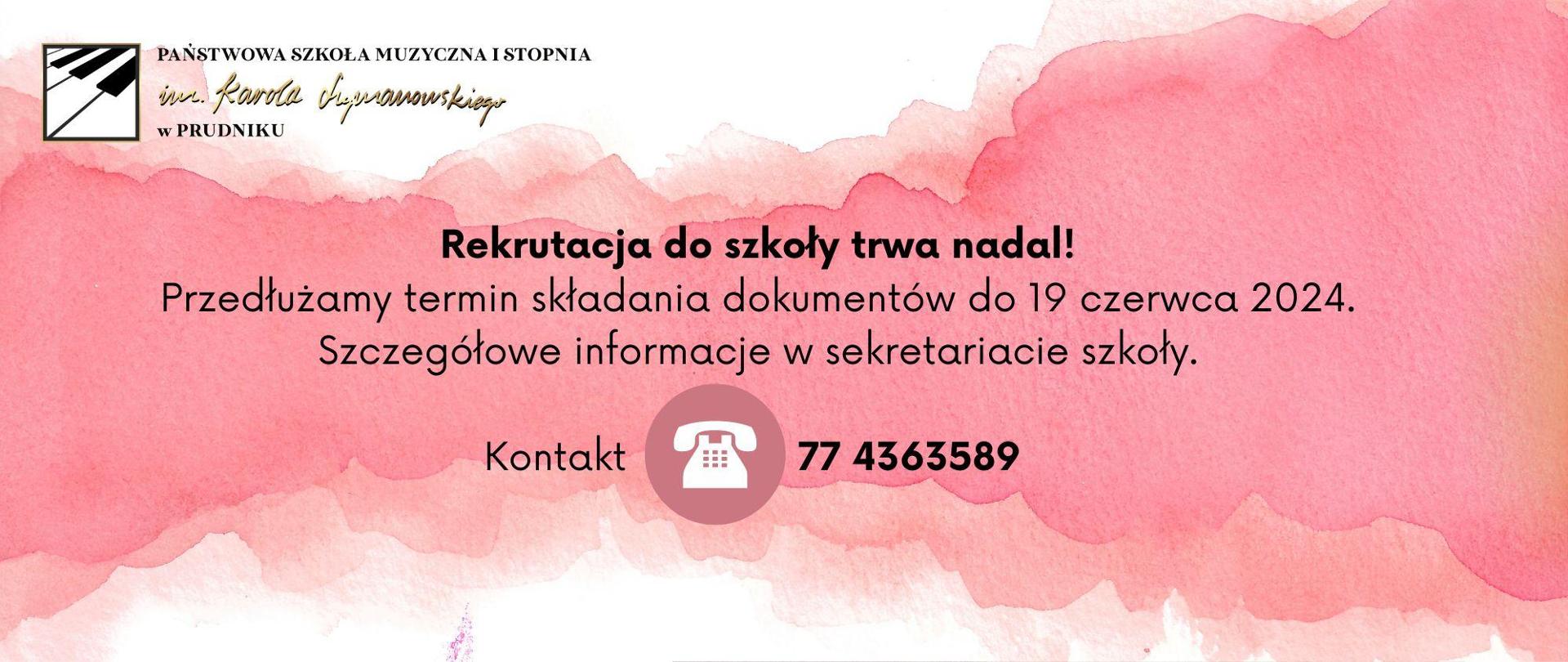 Baner z informacją o terminie składania dokumentów .Różowe tło baneru z czarnym napisem. Logo szkoły w lewym górnym rogu, w środkowej symbol telefonu.