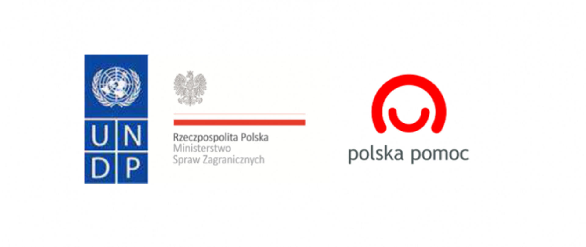 Logo UNDP, polskiego MSZ i Polskiej pomocy na białym tle