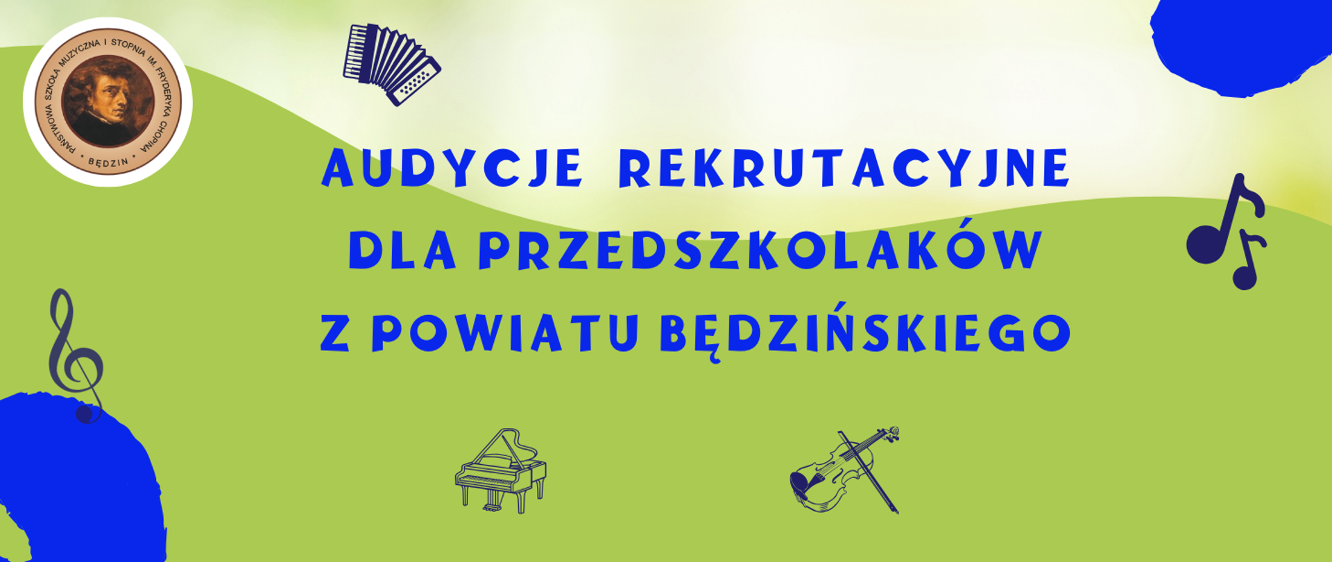 baner na zielonym tle, na środku opis, po lewej logo szkoły, wokół ikony instrumentów