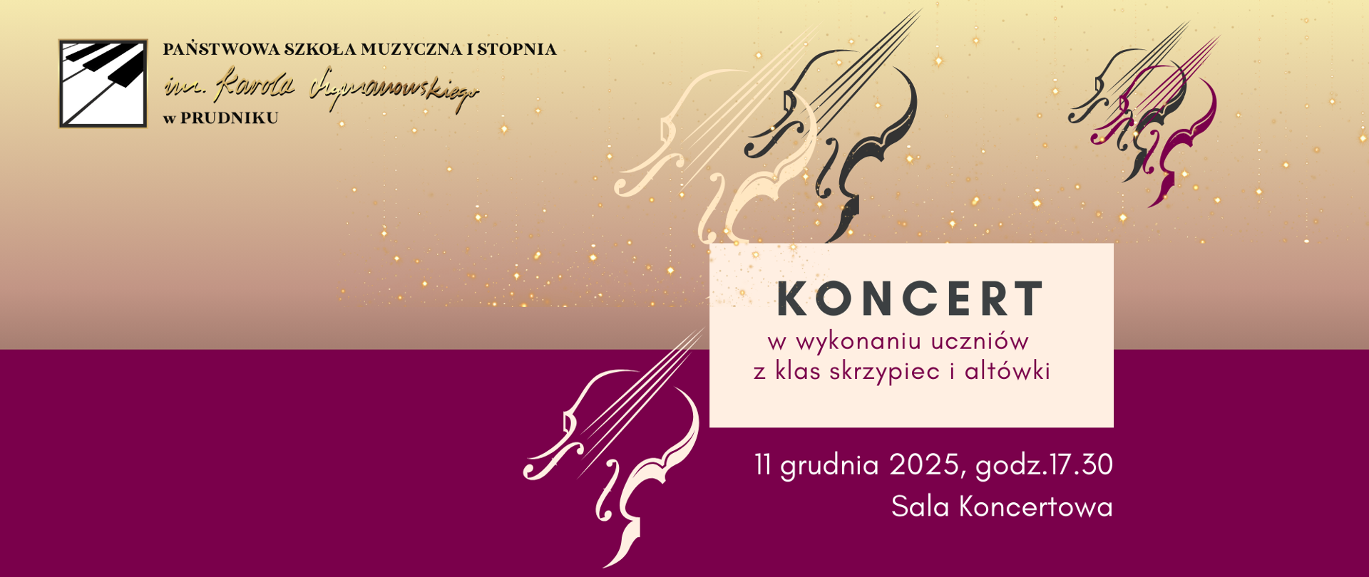 Baner z informacją o koncercie w wykonaniu uczniów z klas skrzypiec i altówki. Na różnokolorowym tle napisy z informacją o koncercie. Baner ozdabiają grafiki przedstawiające skrzypce i altówkę. W lewym górnym rogu logo szkoły.
